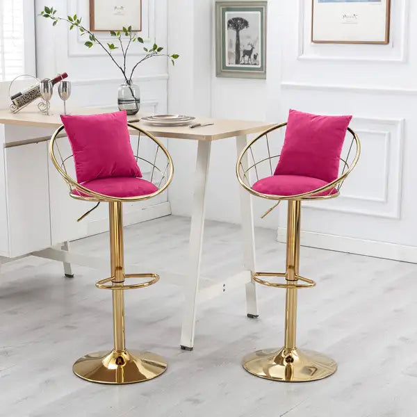 Rose Red Velvet Bar Stools - Gold Plated, Adjustable Height, Set of 2