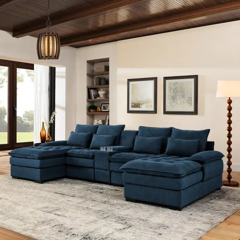 130" U-Shaped Sleeper Sofa - Blue Chaise Lounge, Console & Cup Holders