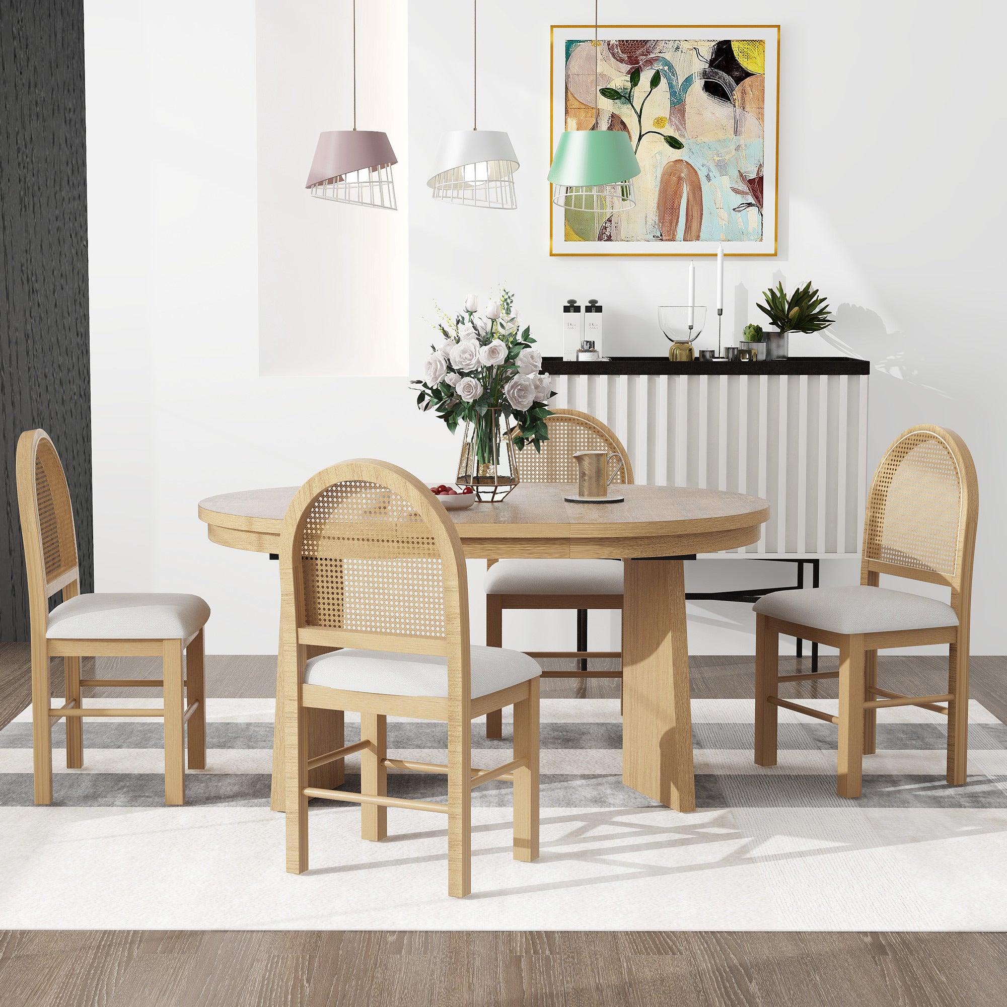 5-Piece Retro Dining Set with Extendable Table & Rattan Chairs (Natural Wood Wash)