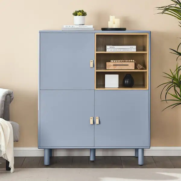 Modern Wooden Storage Cabinet with Leather Handles - Multifunctional Sideboard