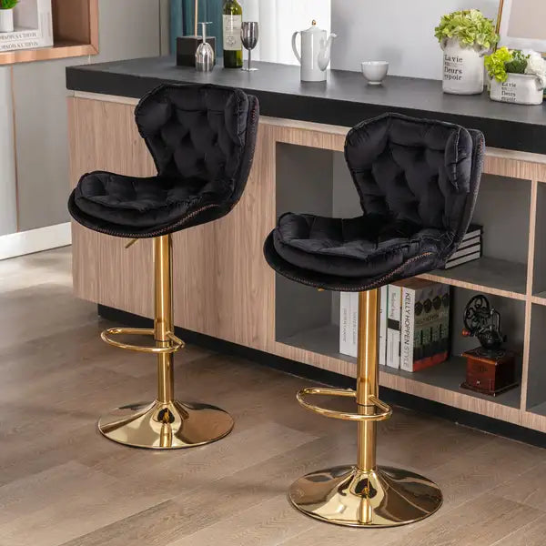 Set of 2 Swivel Bar Stools | Height Adjustable Velvet Upholstered with Gold Legs and Chrome Footrest - Black