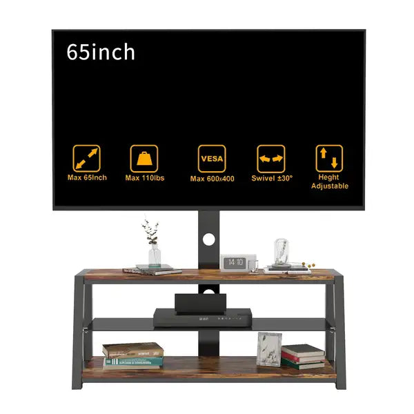 Adjustable TV Stand with Mount, Black Wooden Storage & Tempered Glass