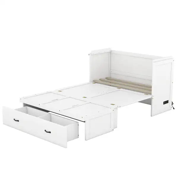 Full Size Murphy Bed with USB Port, Drawer & White Finish - Minihomy