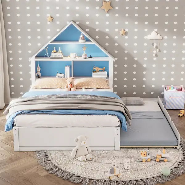 Kids House Bed with Bookcase Headboard, LED Light & Twin Trundle - Blue & White