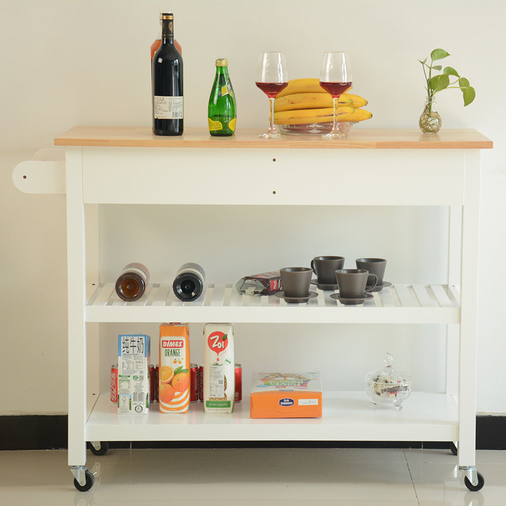 Rubber Wood Kitchen Island with Drawers & Lockable Wheels - Mobile Cart for Easy Storage