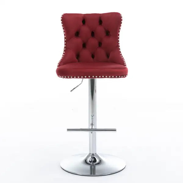 Velvet Bar Stools with Backs - Adjustable Height, Chrome Base, Set of 2 - Wine Red