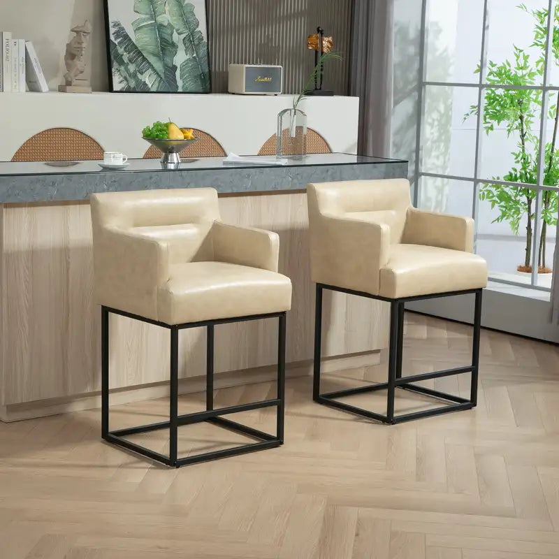 2 Khaki PU Bar Stools - Modern Counter Height with Backrests & Black Metal Frames