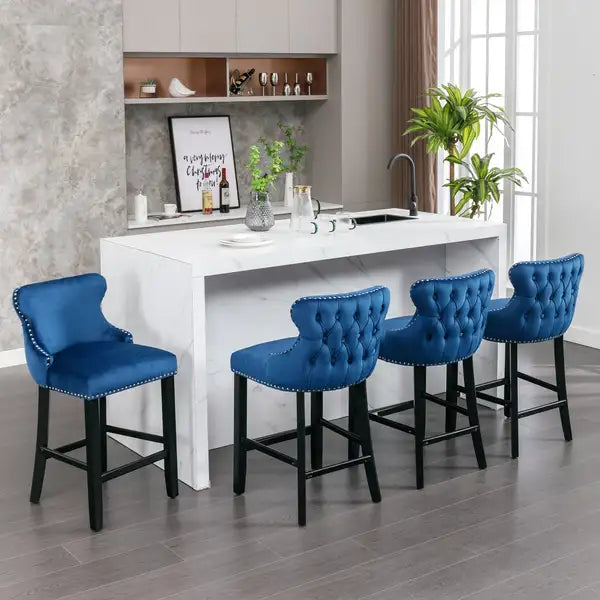 Set of 4 Blue Velvet Wingback Barstools with Button Tufted & Nailhead Trim - Chrome Legs