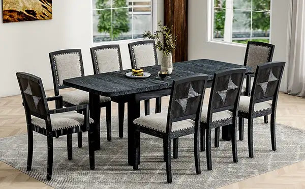 9 Piece Rustic Dining Table Set with Extendable Top, 6 Armless Chairs & 2 Arm Chairs, Black - Minihomy