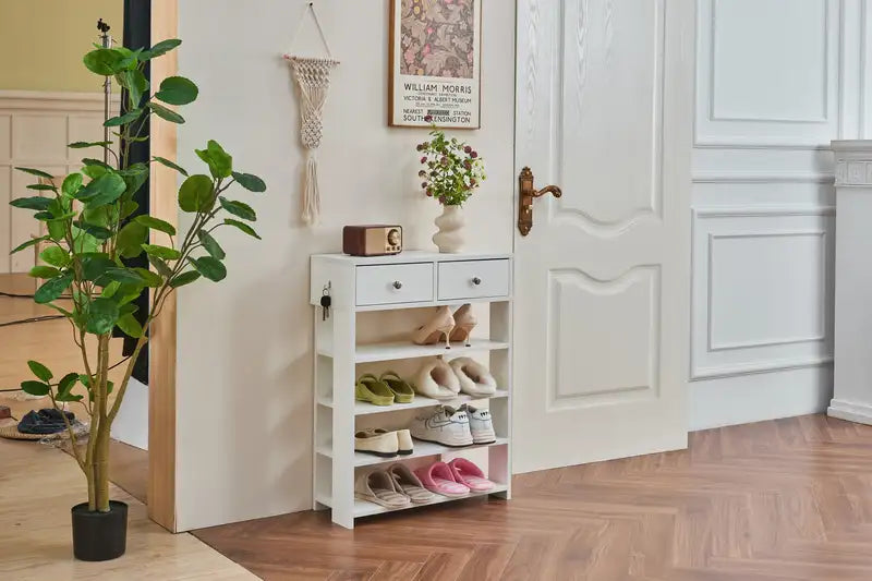 White Entryway Shoe Rack with 2 Drawers - Multi-Layer Storage Organizer