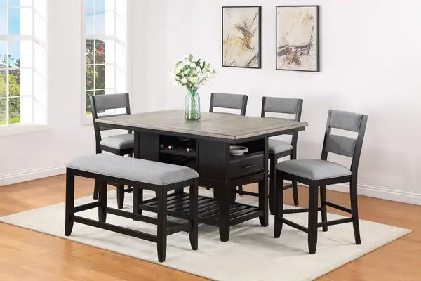 6-Piece Counter Height Dining Set: Dark Wood, Upholstered Chairs, Storage