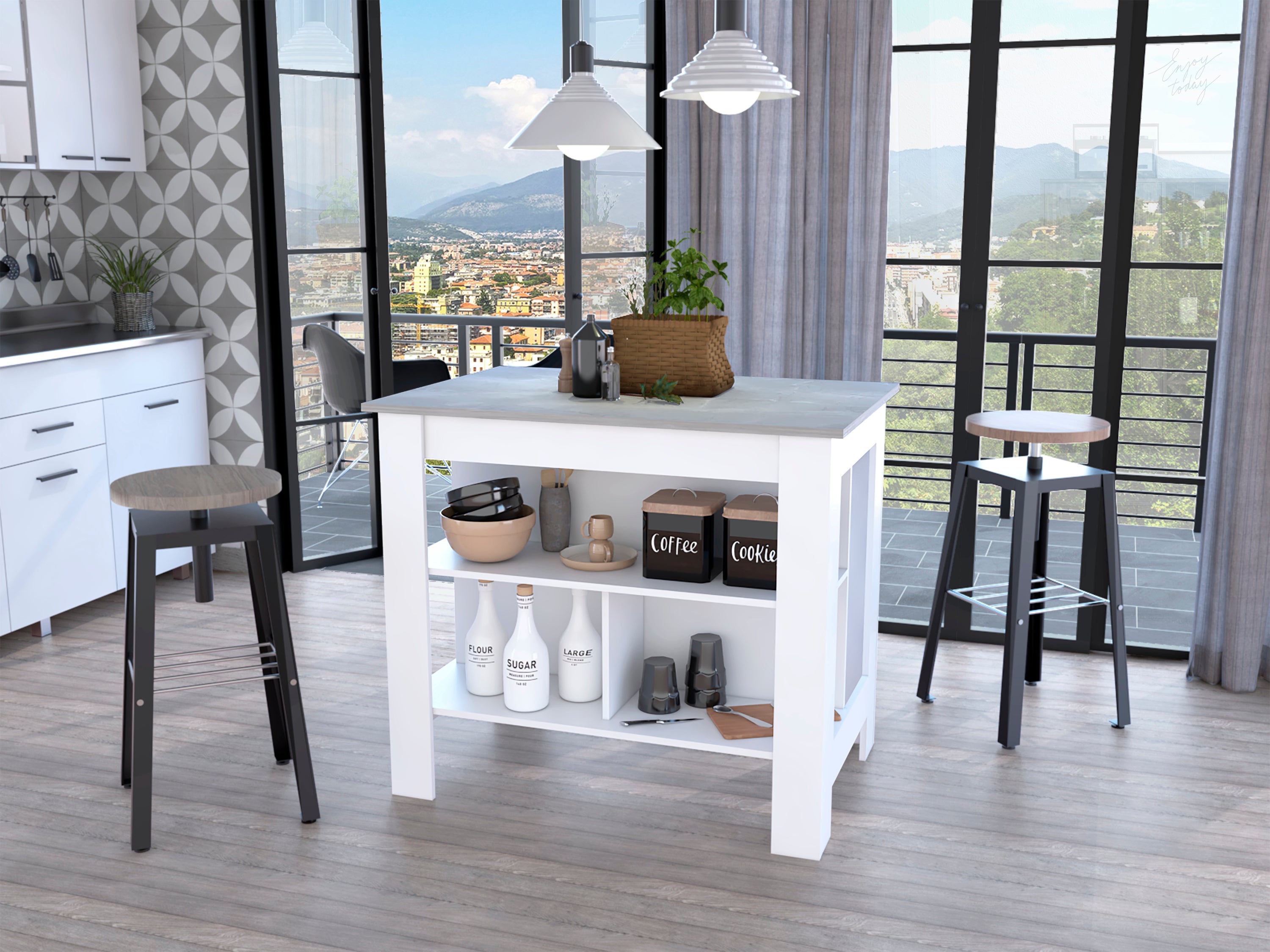 Brooklyn Kitchen Island with 3 Concealed Shelves for Storage & Counter Space