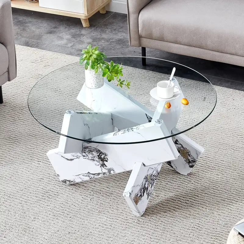 Modern Round Glass Coffee Table with White Legs - 33.4" Tempered Glass Top