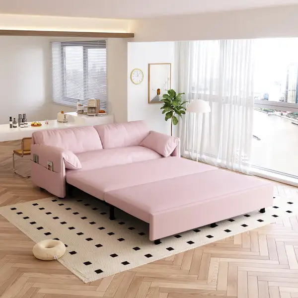 Pink Velvet Queen Pull-Out Sofa Bed with Storage - 3-in-1 Convertible Sleeper