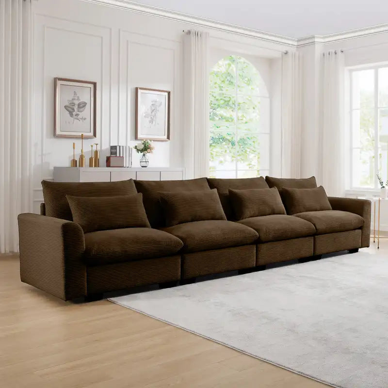 Deep Seat Brown Corduroy Sofa - 4 Seater Living Room Couch with Pillows