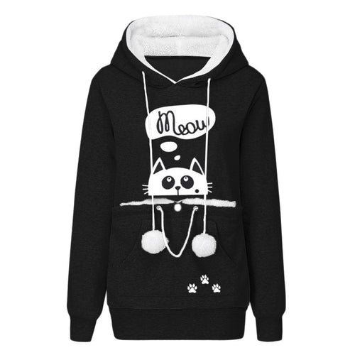 Casual Cat Print Hoodie With Big Pocket For Pets Long Sleeve Sweater Women Hooded