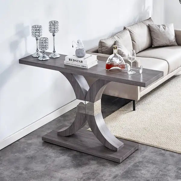 Modern Gray Wood Foyer Table with Stainless Steel Bracket - Minimalist Entryway Furniture