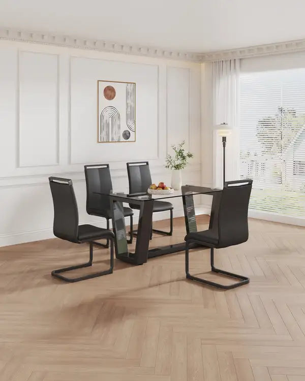 Black Dining Table and Chair Set - Tempered Glass Top, 4 High Back Chairs