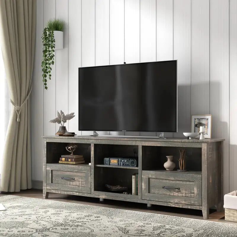 70" TV Stand with Storage - 2 Drawers, 4 Compartments, Black Pine