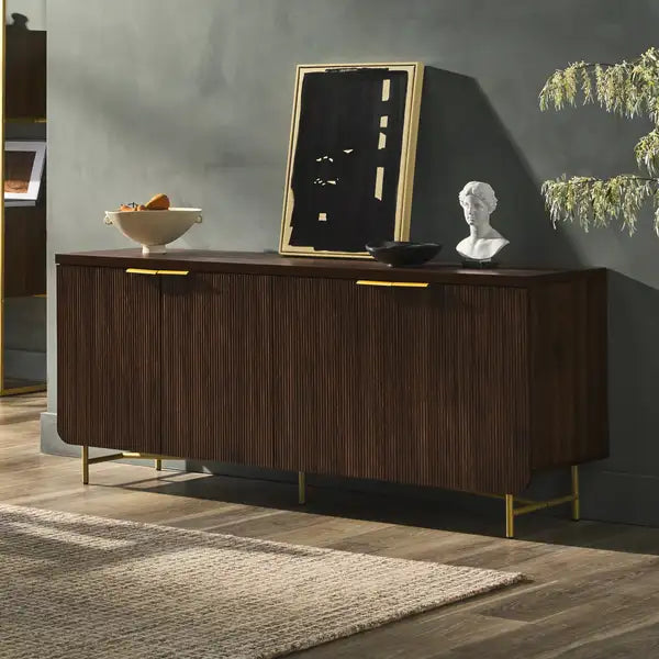 Modern Fluted Door Sideboard - Dark Walnut & Gold Minimalist Storage Cabinet - Minihomy