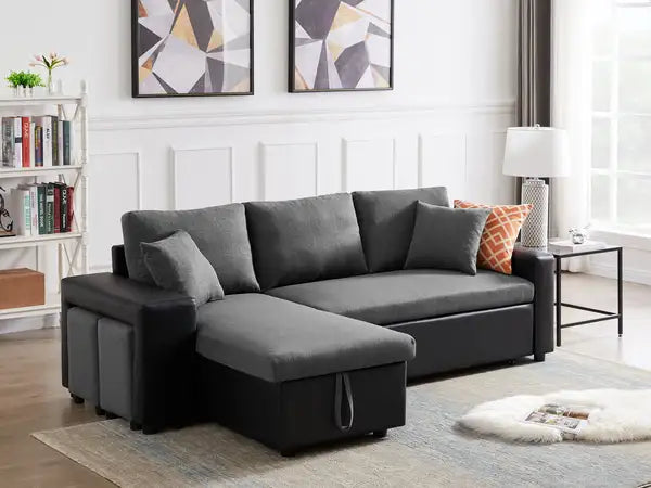 Artemax 92.5" Linen Reversible Sleeper Sectional Sofa w/Storage & 2 Stools - Steel Gray