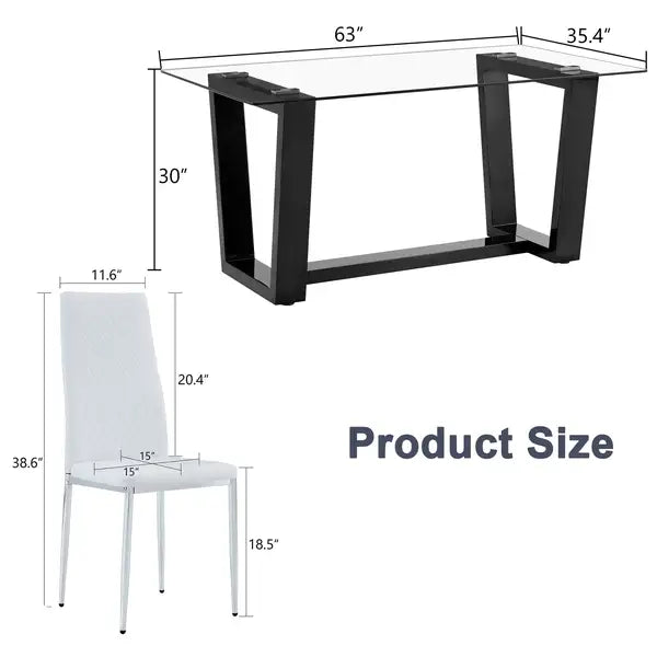 Black Dining Table and Chair Set - Tempered Glass Top, Checkered PU Chairs - Minihomy