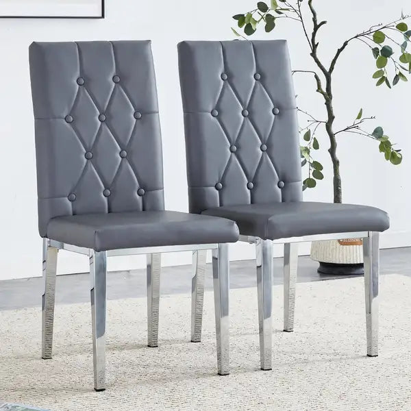 Gray Armless Dining Chairs Set of 2 - Vintage Grid & Buckle Back Design for Elegant Dining Room