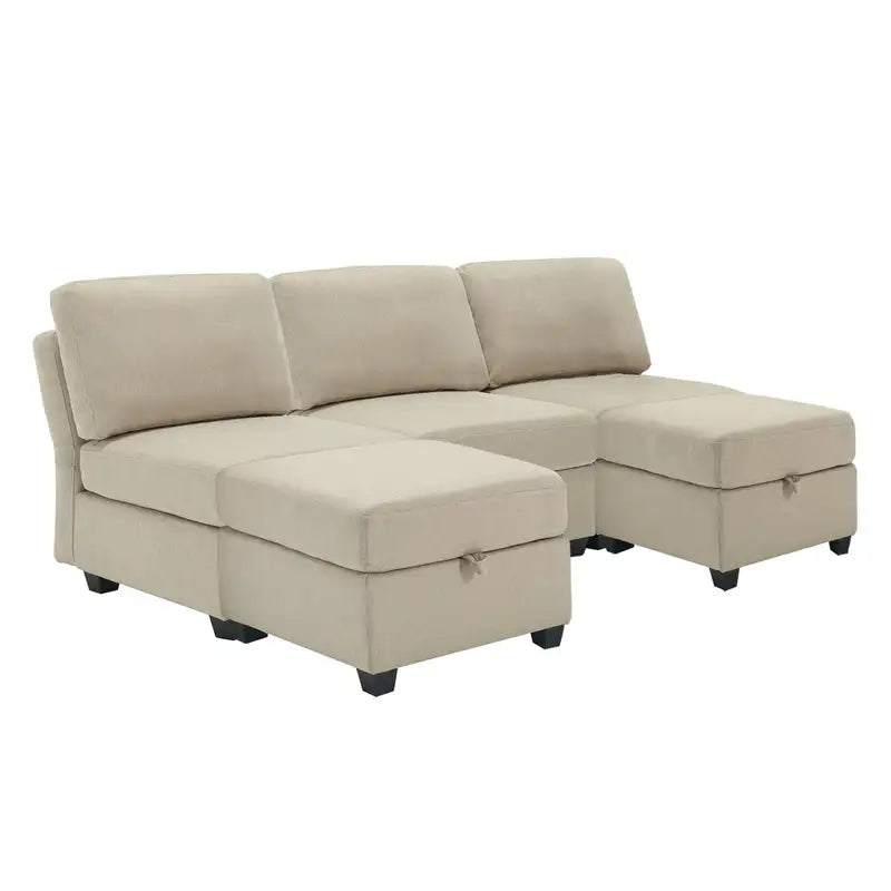 Beige L-Shaped Sectional Sofa with Chaise & Storage: Convertible & Adjustable