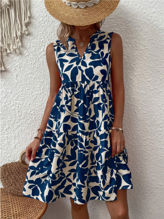 Summer Beach Fashion Loose V-neck Pleated Print Sleeveless Dress For Women