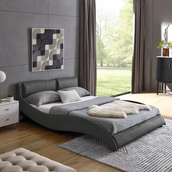 Modern Faux Leather Upholstered Platform Bed Frame with Wave Headboard - Grey, Queen - Minihomy