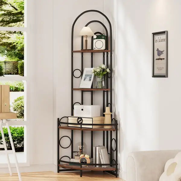 Modern 4-Tier Corner Bookshelf & Plant Stand with Metal Frame