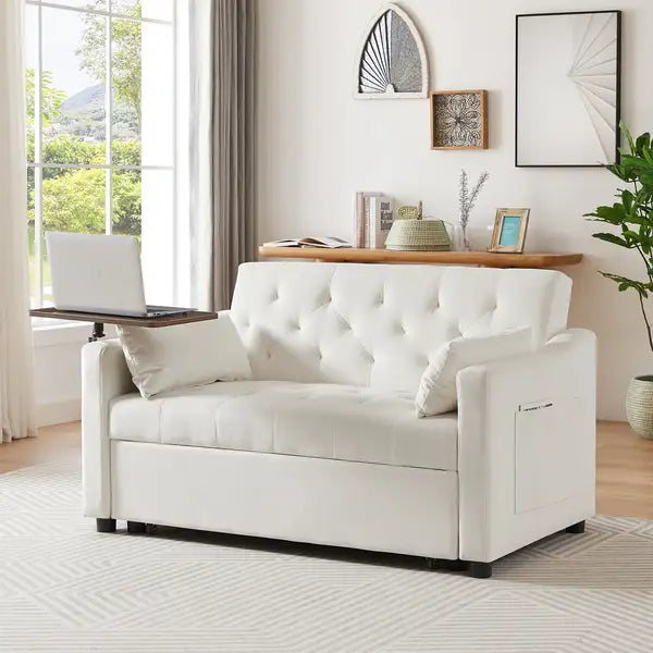 Cream Velvet Sofa Bed - Convertible Couch with Storage