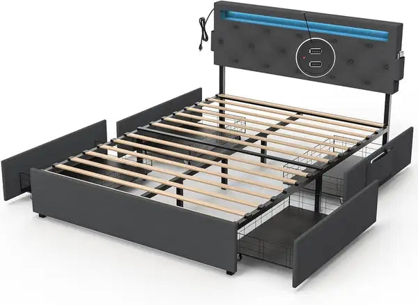 Queen Bed Frame with USB Charging, LED Lights & Storage Drawers