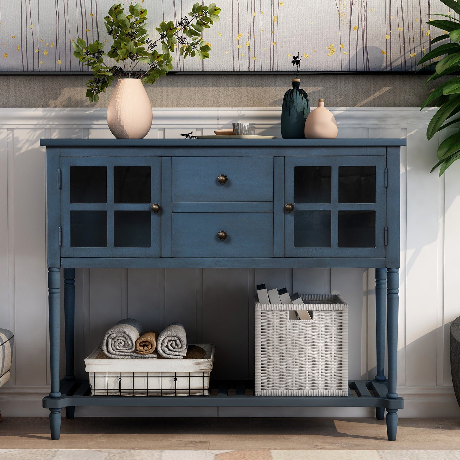 Farmhouse Sideboard Console Table with Shelf - Antique Navy Buffet Storage Cabinet