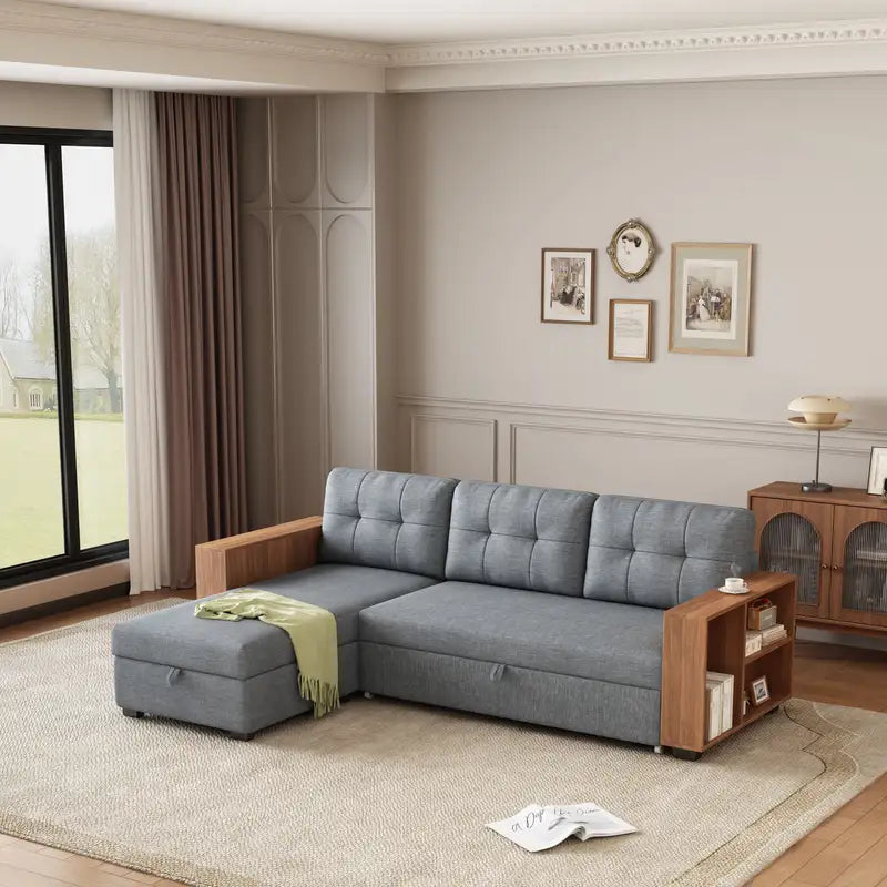 Grey Upholstered Sectional Sofa with Storage Chaise & Pull-Out Bed