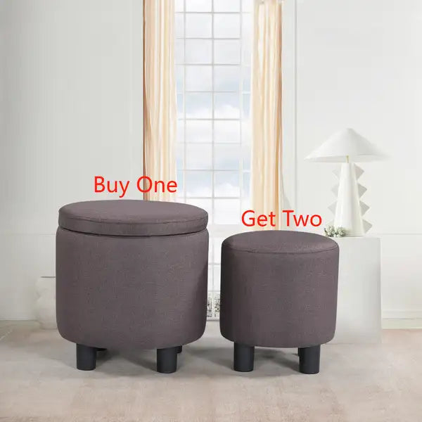 Upholstered Round Ottoman with Storage - Brown Tufted Footrest for Living Room