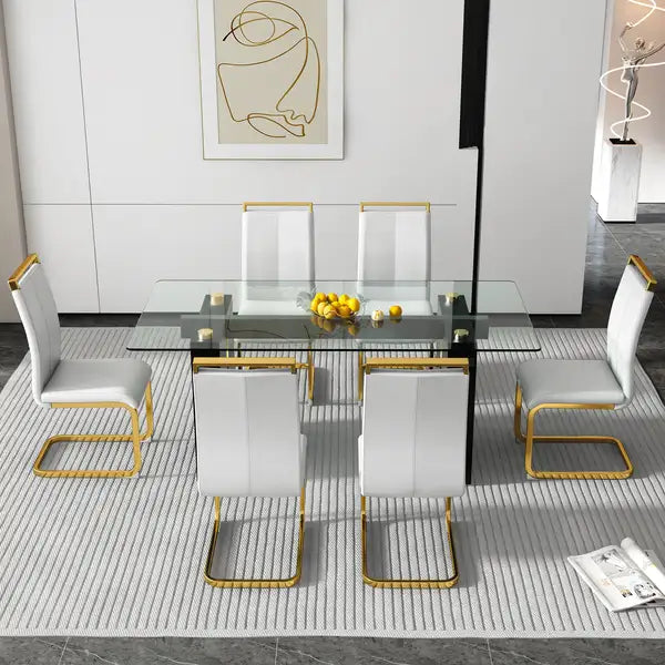 6-8 Person Modern Glass Dining Table Set with Minimalist Chairs - Minihomy