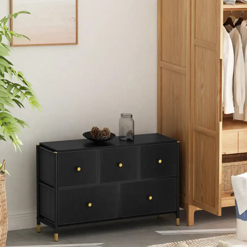 5-Drawer PU Leather Dresser with Fabric Bins - Black Storage Tower