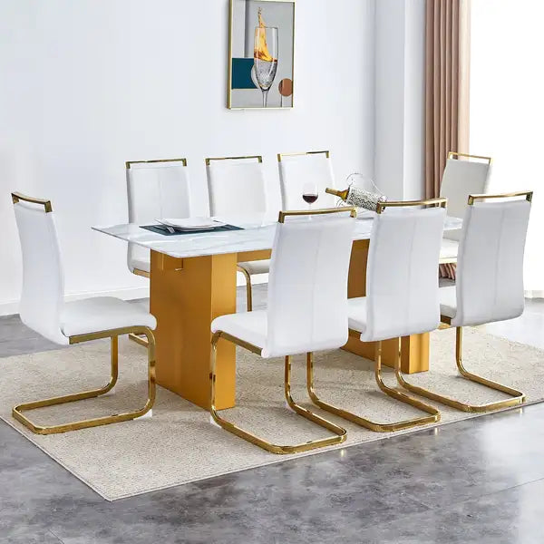 Modern Rectangular Dining Table & 8 Chair Set - Glass Top, Faux Leather Seats, Golden Legs - Minihomy