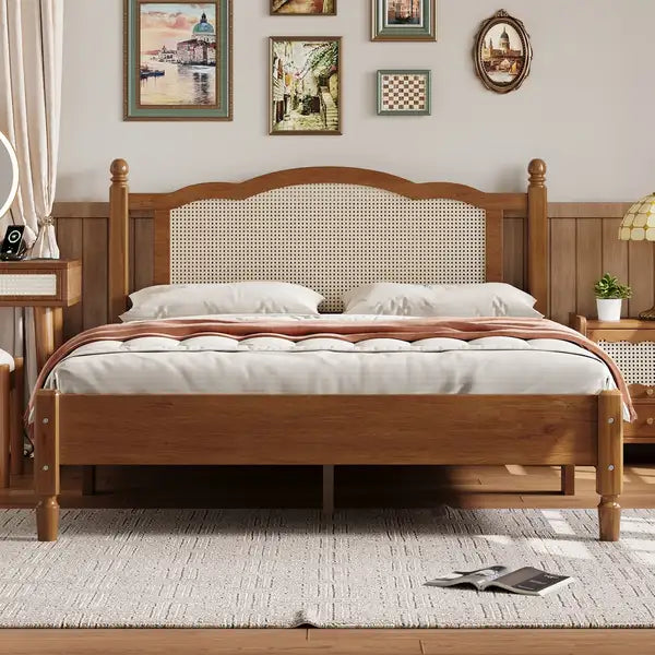 Queen Size Wooden Platform Bed with Rattan Headboard - Vintage Walnut Bed Frame