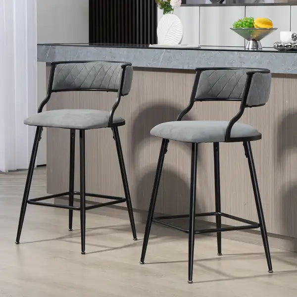 Grey Counter Height Bar Stools - 26" PU Leather Seat & Black Base - Minihomy