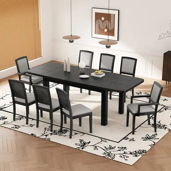 9 Piece Rustic Dining Table Set with Extendable Top, 6 Armless Chairs & 2 Arm Chairs, Black - Minihomy