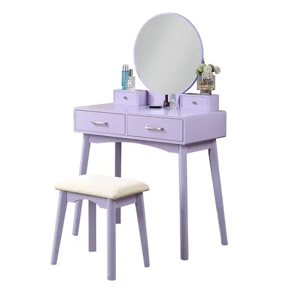 Purple Wood Vanity Set with Stool - Modern Bathroom Makeup Table