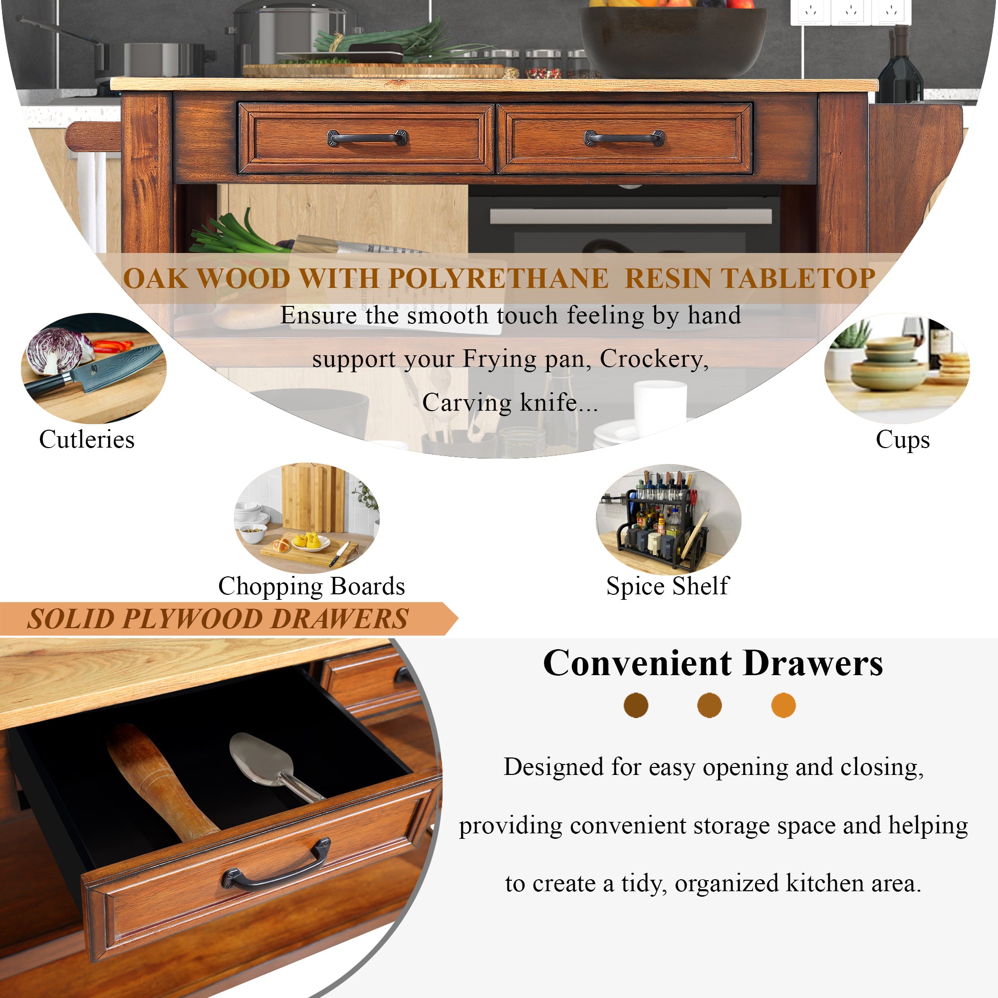 57" Rolling Kitchen Island with Storage | Solid Oak Top | Wine & Spice Rack | 2 Drawers | Walnut & Natural