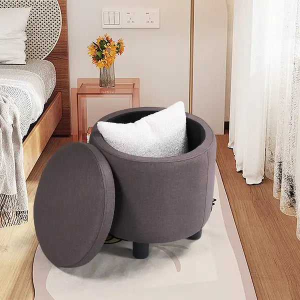 Brown Tufted Storage Ottoman - Round Footrest for Living Room & Bedroom