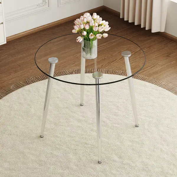 Round Glass Dining Table with Silver Metal Legs - Exquisite Home Decor