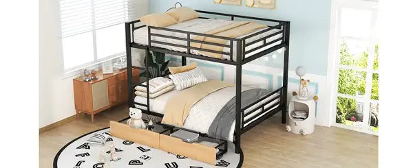 Full Size Metal Convertible Bunk Bed with 2 Drawers - Black - Minihomy