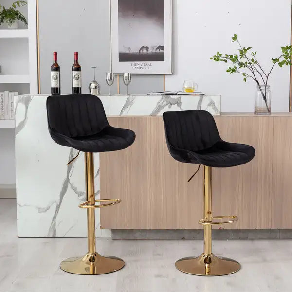 Adjustable Height Bar Stools Set of 2, Black Velvet with Gold Legs - Chrome Footrest and Base Swivel - Minihomy