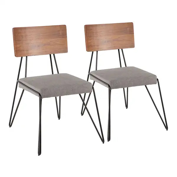 Mid-Century Modern Loft Chairs Set of 2 - Black Metal & Grey Fabric with Walnut Wood Accent