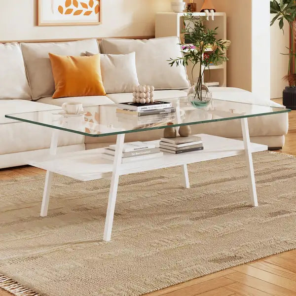 Modern Rectangle Coffee Table - Tempered Glass Top & White Metal Legs